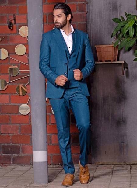 Blue And White Colour VJV SUIT Designer Stylish Festive Party Wear Mens Suiting Polyster And Viscose Heavy Mens Wear Collection 1008